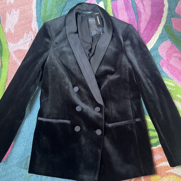 NEW Sz XS X-Small Express Double Breasted Blazer in Black Velvet Tux Satin Fancy - Picture 8 of 10